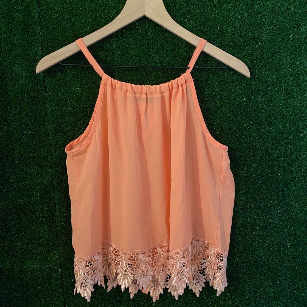 Orange Lace Pattern Bottom Tank Top Adjustable Bow